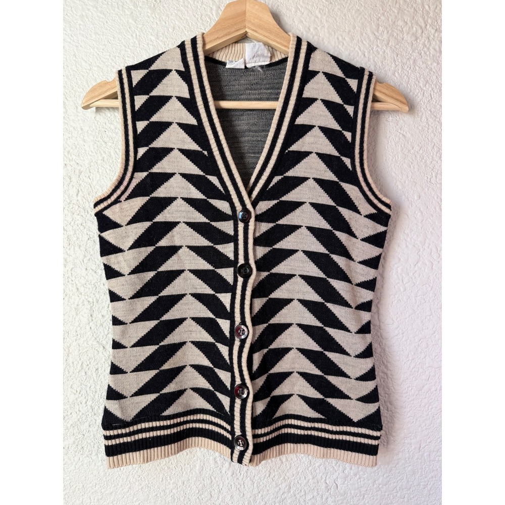 Vintage 70s‎ Black Tan Chevron Sweater Vest XS Petite Dark Academia Wool Blend